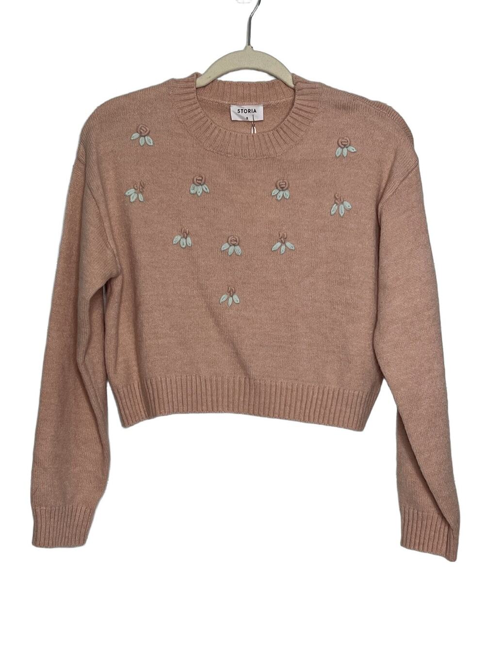 STORIA Pink Floral Embroidered Knit Pullover Sweater Size Small Cottagecore